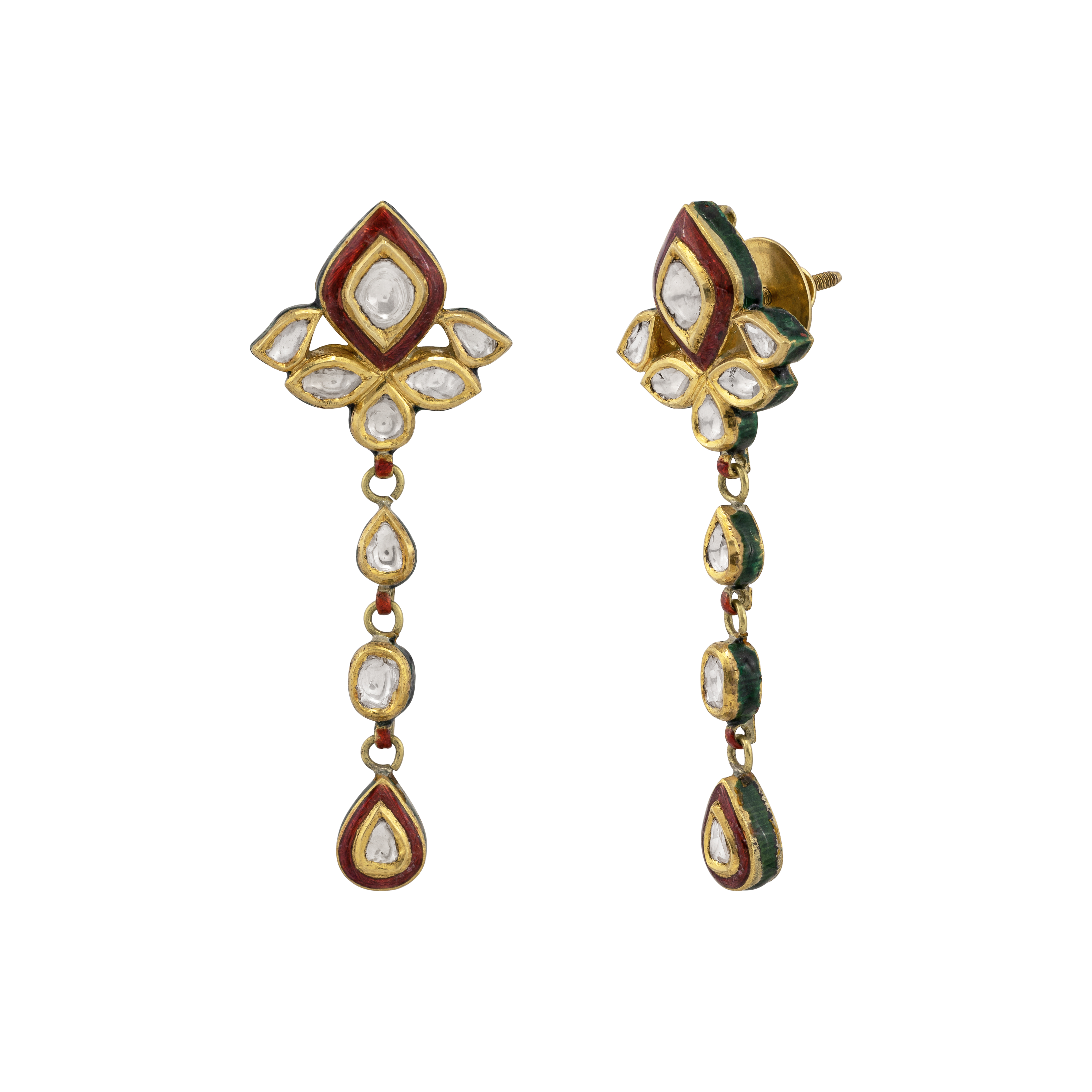 Teardrop Polki Earrings with Red Enamel & Cascading Design
